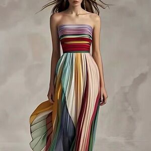 Multicolor Pleated Maxi Clear Straps Dress